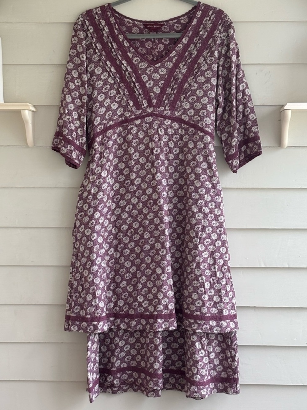 April Cornell Plum Floral Tiered Midi Dress Women’s Size Large